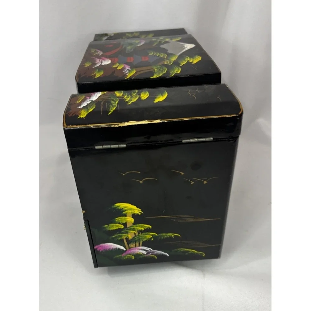 Vintage Japanese Black Lacquer Musical Jewelry Box- Window Diorama